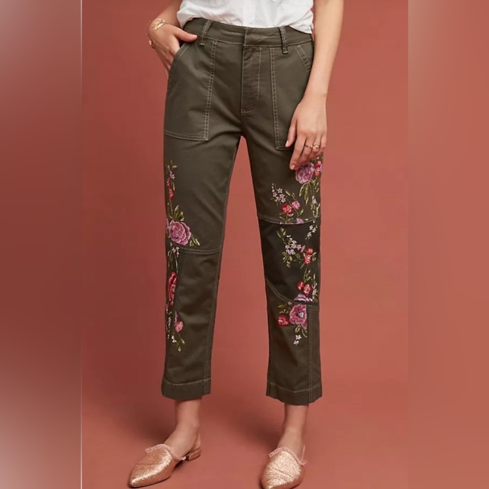 Anthropologie Olive Floral Embroidered Cropped Pants